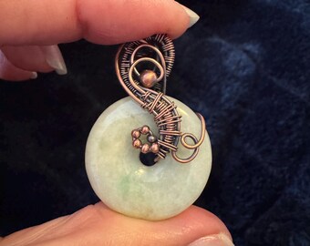 Handmade Green Jade Donut Pendant Necklace - Wire Wrapped Jewelry