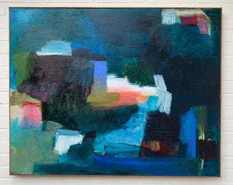 May include: Abstract painting with bold strokes of blue, green, pink, and white on a dark blue background.