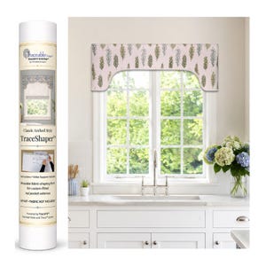 May include: A cylindrical packaging tube labeled Traceable Designer Tracefit System featuring a classic arched style valance. The tube displays instructions for a reusable fabric-shaping form used to create custom-fitted rod pocket valances.