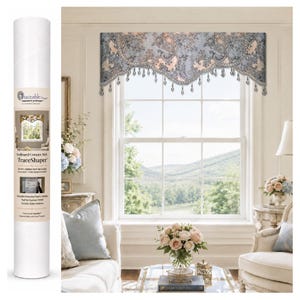 May include: A white cylindrical tube labeled Traceable Designer TraceShaper, a DIY kit for scalloped cornice style valances. The packaging features text and an image of a decorative gray and peach patterned valance with hanging crystal beads.