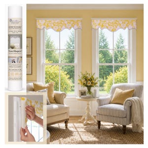 May include: A Traceable Designer System Beyond the Valance kit for creating custom scalloped window valances. The kit includes a roll of material and instructions for hardware-free installation, shown applied to two windows with yellow floral fabric.