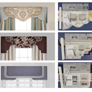 May include: Three different window valance styles with instructions and templates. The valances are a scalloped style, an arched style, and a straight style. Each style is shown with a different fabric pattern.