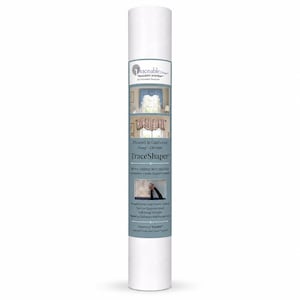 May include: A white cylindrical tube labeled Traceable Designer TraceShaper for a Pleated and Gathered Swag Curtain. The label features images of a window with a blue swag curtain, text detailing the system, and a graphic showing a hand using the tool.