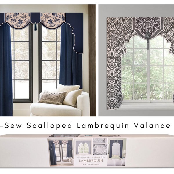 No-Sew Ornate-Scalloped Lambrequin Valance Kit, DIY Curtain, Cornice Style