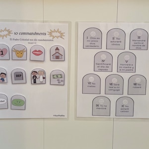 Op de afbeelding: Een set van 10 witte kaarten met zwarte tekst en illustraties. De kaarten zijn gerangschikt in twee rijen van vijf. De kaarten zijn genummerd van 1 tot en met 10. De tekst op de kaarten is in het Spaans en Engels. De illustraties op de kaarten tonen verschillende scènes uit de Bijbel.