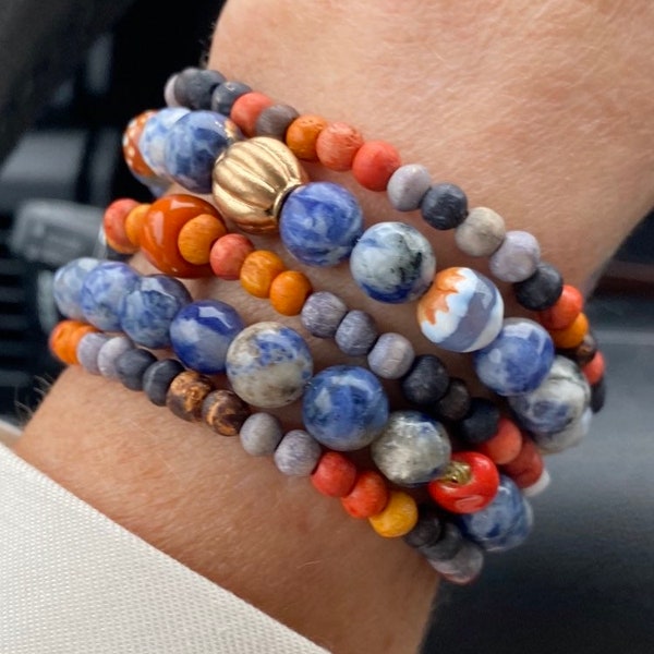 Game day, Orange and Blue, Beaded, Gemstone Bracelets!