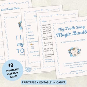May include: A collection of printable keepsake pages with a tooth fairy theme. The pages include a lost tooth chart, a letter from the tooth fairy, and other keepsakes. The design features a light blue color scheme with whimsical illustrations.