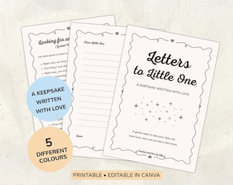 May include: A set of printable "Letters to Little One" in various colours. The design features decorative borders, text, and the phrases "A Keepsake Written With Love" and "Printable • Editable in Canva."