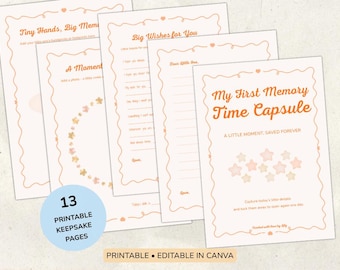 May include: A set of printable keepsake pages in peach and cream tones. The pages have decorative borders, star and heart motifs, and text such as "My First Memory Time Capsule" and "Tiny Hands, Big Memories". The image also includes the text "Printable Editable in Canva".