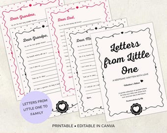 May include: Printable letters from a child to family, with heart and apple borders. The title "Letters from Little One" is displayed on the front page. The pages are designed to be filled in.