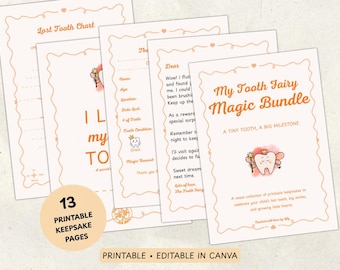 May include: Printable keepsake pages with a tooth fairy theme, including a lost tooth chart and letters. The design features a soft peach colour with decorative borders and illustrations. The text includes "My Tooth Fairy Magic Bundle".