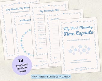 May include: A set of printable keepsake pages in light blue and white, designed for recording memories. The pages feature text like "Tiny Hands, Big Mem" and "My First Memory Time Capsule". The pages are editable in Canva.