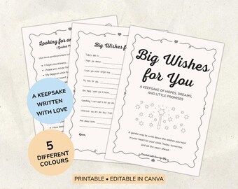 May include: A set of printable Big Wishes for You pages. The pages have a decorative border and include prompts for writing wishes. The text includes "A keepsake of hopes, dreams, and little promises."