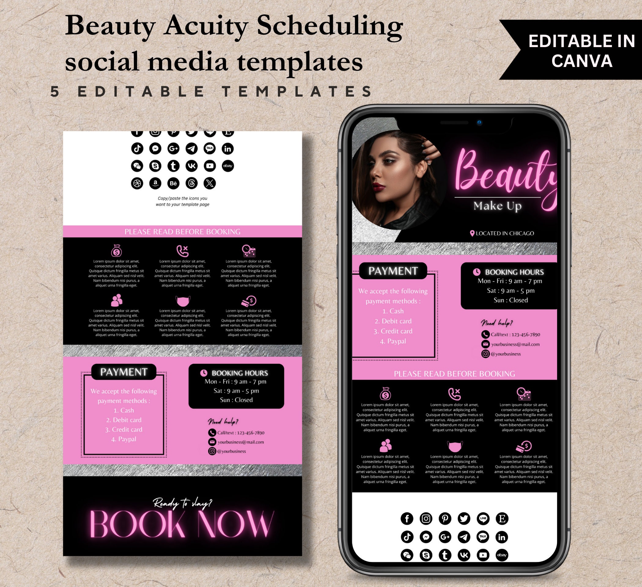 ネイルアキュイティのスケジュール管理（黒とピンク）、ネイルアキュイティのウェブサイトテンプレート、ネイルアキュイティのウェブサイトバナー、編集可能なアキュイティ予約テンプレート、ラグジュアリー  - Etsy 日本