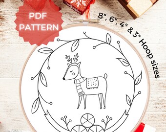 Cute Christmas Deer PDF Embroidery Pattern - Instant Download, 8" - 3", Floral Christmas Wreath, Modern Hand Embroidery
