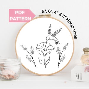 Hummingbird and flower PDF Embroidery Pattern - Instant Download, 8" - 3", Floral Hummingbird, Modern Hand Embroidery, botanical embroidery