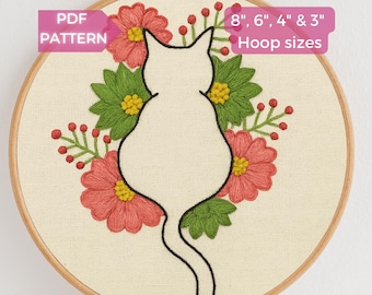 Floral Cat Embroidery Pattern, Beginner DIY (PDF Pattern)