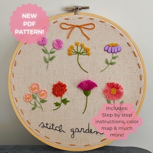 Hand Embroidery Stitch Sampler: Floral Garden Beginner Pattern (PDF Download)