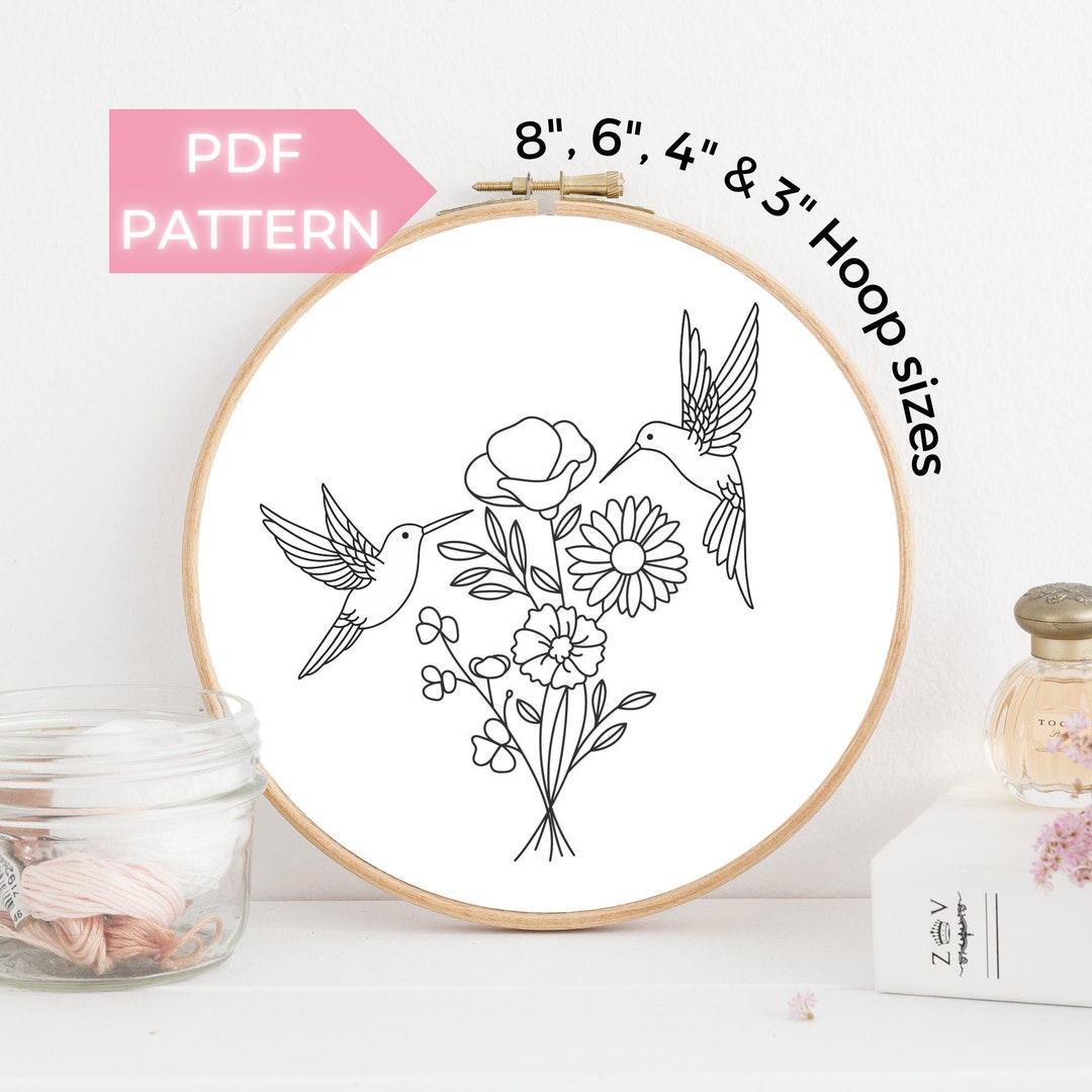 Hummingbirds and Flower Bouquet PDF Embroidery Pattern Instant Download, 8 3, Floral Humming