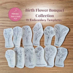 Broderipaket med stick-and-stygn-motiv för födelseblommor | 12 månaders blommor | Utskrivbar handbroderi-PDF | Mall för vattenlöslig överföring