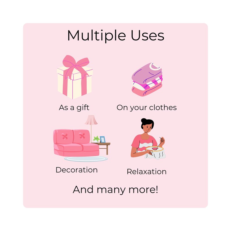 May include: A pink graphic with the text "Multiple Uses" and illustrations of different ways to use a product. The illustrations show a gift box, clothes, a couch, and a person sewing. The text "And many more!" is at the bottom of the graphic.