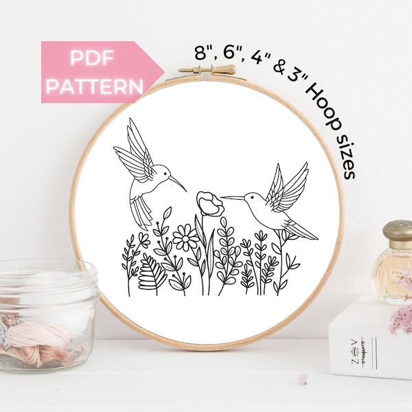 Hummingbirds and flowers garden PDF Embroidery Pattern - Instant Download, 8" - 3", Floral Humming birds, Modern Hand Embroidery, Beginners