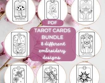 May include: A digital bundle of eight embroidery patterns featuring tarot card designs. Each card displays a black line art illustration including a mushroom, a hand with a book, a crown, a witch hat, a cat, a bee, a spider, and a sun.
