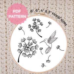 Dandelion and Hummingbird Embroidery Pattern: Modern Floral Design (PDF Download)