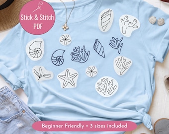 Coastal Stick and Stitch Embroidery Pattern PDF | Beach Embroidery Designs | Seashells Starfish Coral | Beginner Friendly Printable
