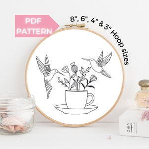 Hummingbirds and flower tea cup - PDF Embroidery Pattern - Instant Download, 8&quot; - 3&quot;, Floral Humming birds, tea cup Modern Hand Embroidery