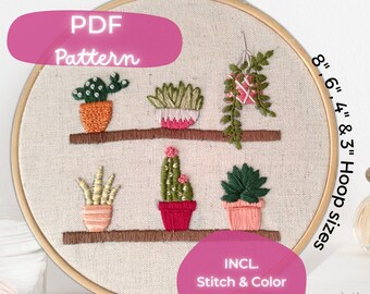 Plant Shelf Embroidery Pattern PDF - DIY Hand Embroidery Design - Hanging Plants & Cactus Hoop Art - Instant Download Stitch Guide