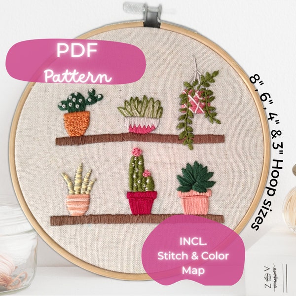 Potted Plants in a shelf - Hand Embroidery Pattern - PDF Instant Download - 8" - 3",  Plant Lover Gift Ideas, Plant Mom Embroidery