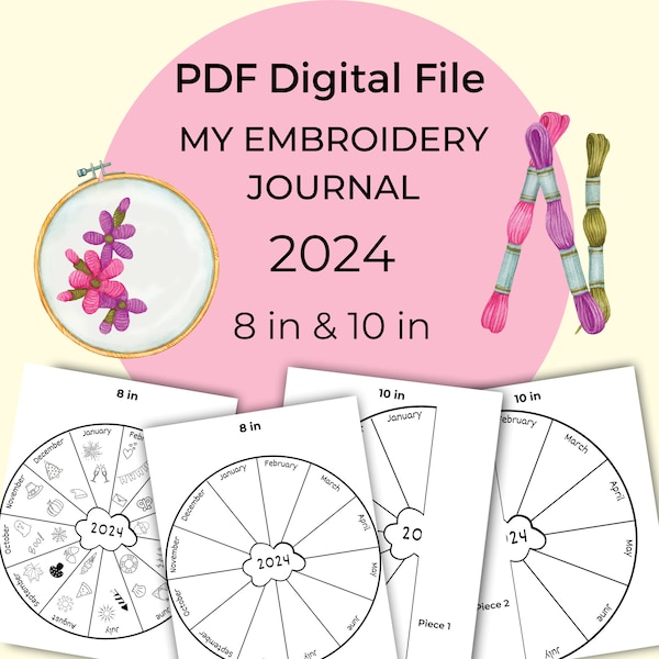 2024 Hand Embroidery Journal Template - PDF Digital Download + Instructions & graphics of basic stitches,  Thread journal template