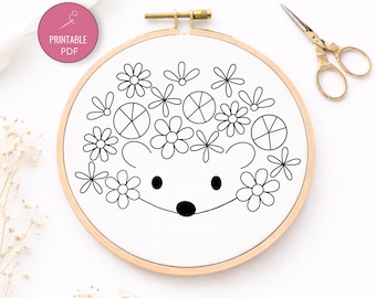 Hedgehog Embroidery Pattern PDF, Cute Floral Hedgehog Design, Easy Hand Embroidery Pattern, Animal Embroidery Beginner