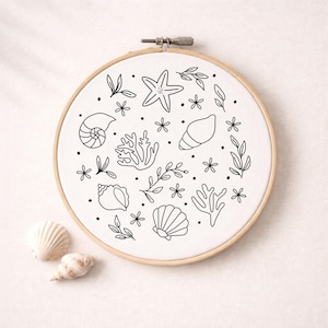Sea Shell Embroidery Pattern PDF – Coastal Hand Embroidery Design with Beginner's Guide & Bonus Pattern, DIY Ocean Hoop Art