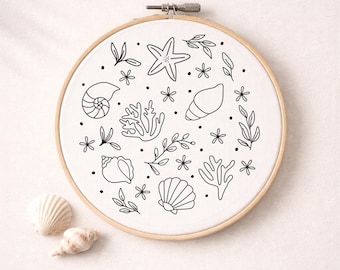 Sea Shell Embroidery Pattern PDF – Coastal Hand Embroidery Design with Beginner's Guide & Bonus Pattern, DIY Ocean Hoop Art