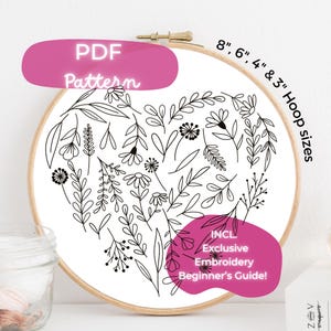 Flower Heart - PDF Embroidery Pattern - Instant Download, 8&quot; - 3&quot;, Floral Heart, Cute  Modern Hand Embroidery, Wildflowers, Floral Design