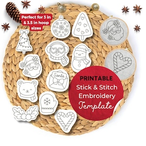 May include: A collection of printable stick and stitch embroidery templates with Christmas-themed designs. Includes a Santa, snowman, tree, and other festive images. The red circle reads "PRINTABLE Stick & Stitch Embroidery Template".