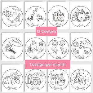 May include: Twelve black and white illustrations of monthly themes. Each illustration is a circle with a design inside. The months are labeled January through December.