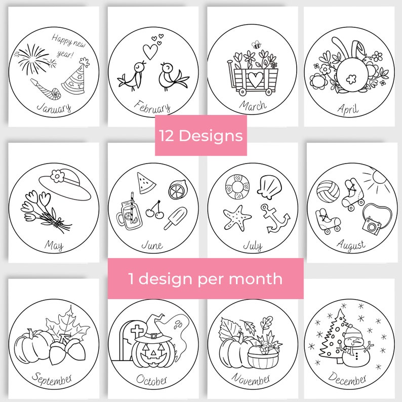 May include: Twelve black and white illustrations of monthly themes. Each illustration is a circle with a design inside. The months are labeled January through December.