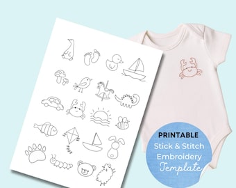 Baby Boy Printable Stick and Stitch Sheet, Cute Baby Boy Motifs for Hand Embroidery - PDF Pattern - Decor Onesies - Instant Download