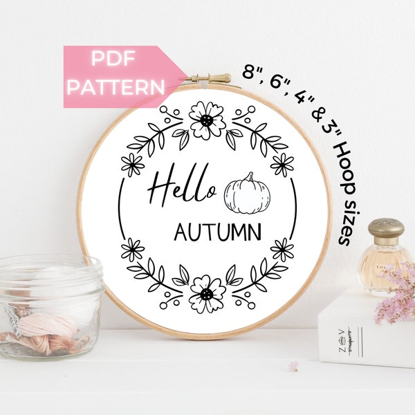 Hello Autumn wreath - pumpkin and leaves PDF Embroidery Pattern - Instant Download, 8" - 3", fall leaves, Modern Hand Embroidery, Beginners