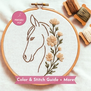 Horse Embroidery Pattern | Elegant Floral Line Art (PDF Download)