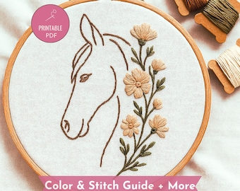 Hästbroderimönster | Elegant blommig linjekonst (PDF-nedladdning)