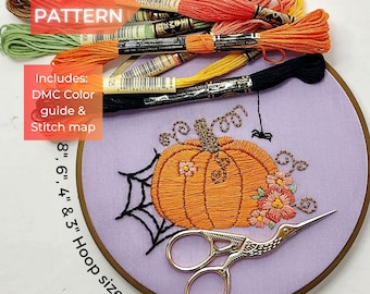 Halloween Pumpkin Hand Embroidery Pattern PDF | Fall Floral Embroidery Template | Autumn Harvest Hoop Art Design Printable