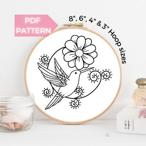Hummingbird Embroidery Design PDF – Floral Hand Embroidery Pattern with Spiral Flower, DIY Bird Hoop Art, Modern Stitch Download