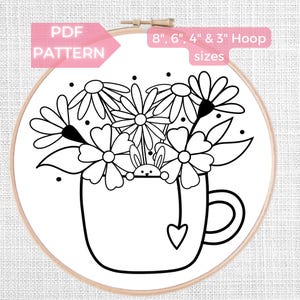 Floral Cup Bunny Hand Embroidery Pattern: Coffee Lover Gift (PDF Digital Download)