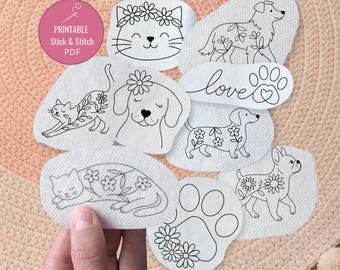 Cat and Dog Stick and Stitch Embroidery Patterns PDF | Cute Pet Embroidery Designs | Floral Animal Hand Embroidery | Beginner Pattern