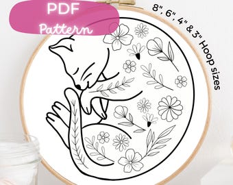 Cat Embroidery Pattern PDF – Sleeping Cat with Flowers, Cute Hand Embroidery for Beginners, Digital Download Hoop Art