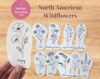 May include: A collection of printable stick and stitch PDF designs featuring North American wildflowers. The designs include Poppy, Aster, Black-Eyed Susan, Forget Me Not, Baby Blue Eyes, Violet, Milkweed, Goldenrod, Coneflower, and Lupine.